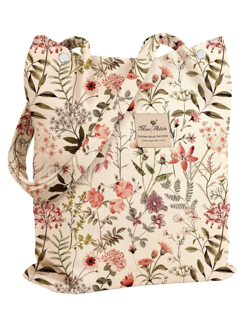 Corduroy Tote Bag Large Capacity Magnetic Buckle Floral Shoulder Bag